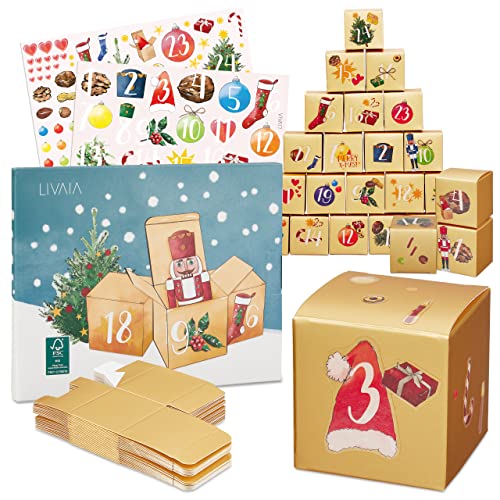 Adventskalender zum Befüllen: Adventskalender 2023 – 24x Geschenkbox Weihnachten klein und Sticker – Adventskalender Selber Basteln mit LIVAIA DIY Set von LIVAIA