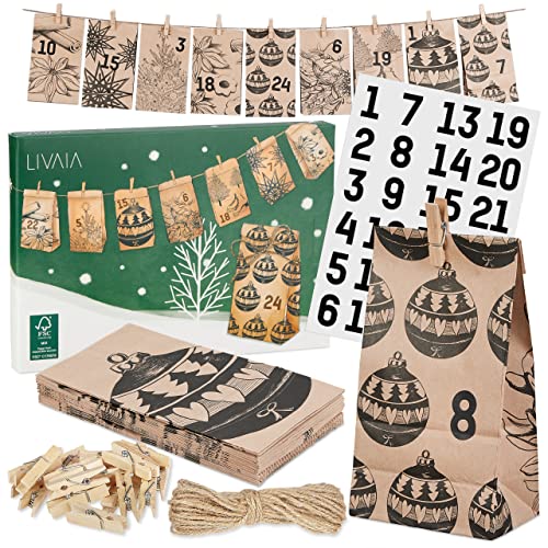 LIVAIA Adventskalender zum Befüllen 2025 - Adventskalender Tüten Set mit 24 Papiertüten, Holzklammern, Aufklebern, Jute Schnur - Weihnachts Adventskalender Basteln - Braun mit Schwarzen Motiven von LIVAIA