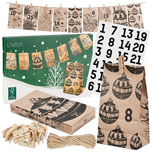 Adventskalender zum Befüllen: Adventskalender 2023 –Papiertüten klein, Zahlen Aufkleber, Band, Holz Klammern – Adventskalender selber basteln LIVAIA von LIVAIA