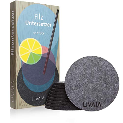 Filz Untersetzer Rund für den Tisch: 10x Glasuntersetzer aus Polyester in edlem Grau als Deko und Tropfschutz – Filzuntersetzer Rund in Anthrazit und Vegan - Platzset Abwischbar – Tisch Set von LIVAIA von LIVAIA