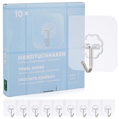 LIVAIA Handtuchhaken Selbstklebend: 10 Handtuch Haken transparent – Haken Selbstklebend – Wandhaken selbstklebend fürs Bad, Handtuchhalter ohne Bohren von LIVAIA