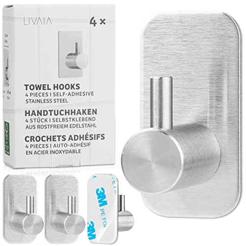 LIVAIA Handtuchhaken Selbstklebend: 4 Handtuch Haken Edelstahl – Haken Selbstklebend – Wandhaken selbstklebend, Handtuchhalter ohne Bohren, Klebehaken von LIVAIA