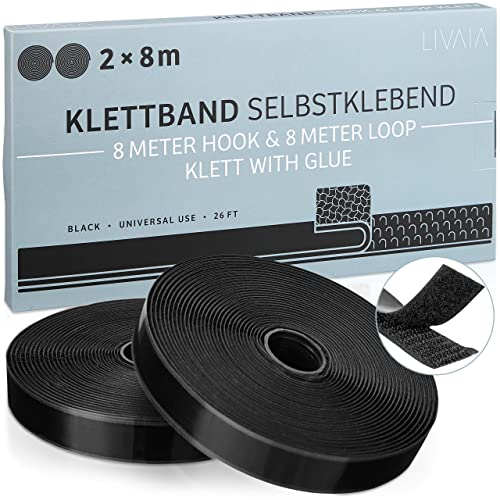 LIVAIA Klett Klebeband zum Ordnen: 2x 8m Klettband Selbstklebend für das Ankleben von Utensilien an Wand oder Tisch – Organizer Klebeband – Wand Ordnung Management – Hakenband Klett Selbstklebend von LIVAIA