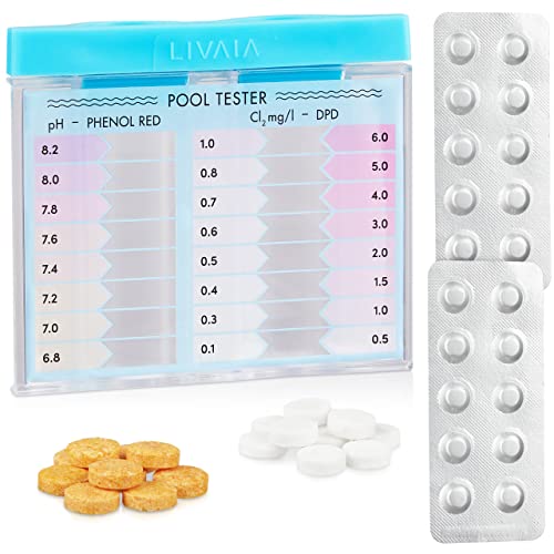 LIVAIA 3in1 Poolwasser Testgerät - Chlor & pH-Wert Testkit, 10 Phenol-Red & 10 DPD-1 Tabletten, Poolzubehör - 20 Tabletten Zum Testen von Poolwasser - mit Wassertank und Farbskala LIVAIA 3in1 Poolwasser Testgerät - Chlor & pH-Wert Testkit, 10 Phenol-Red & 10 DPD-1 Tabletten, Poolzubehör - 20 Tabletten Zum Testen von Poolwasser - mit Wassertank und Farbskala von LIVAIA