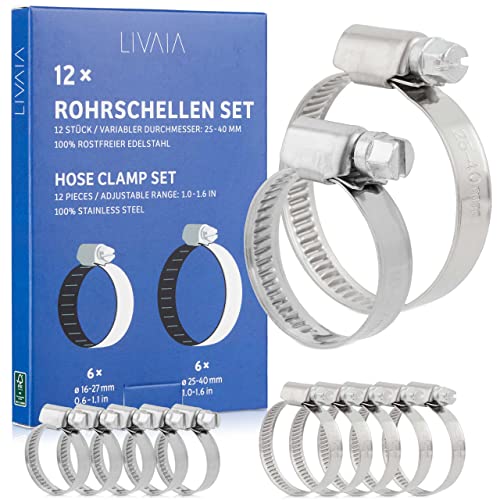 Rohrschellen Set: 12x Rohrschelle Edelstahl 16mm – 27mm und 25mm – 40mm – Schlauchschellen Set – Rohr Schellen Set – LIVAIA Schlauchschellen Edelstahl von LIVAIA