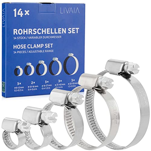 Rohrschellen Set: 14x Rohrschelle Edelstahl in 5 Größen, 8mm bis 50mm – Schlauchschellen Set – Rohr Schellen Set – LIVAIA Schlauchschellen Edelstahl von LIVAIA