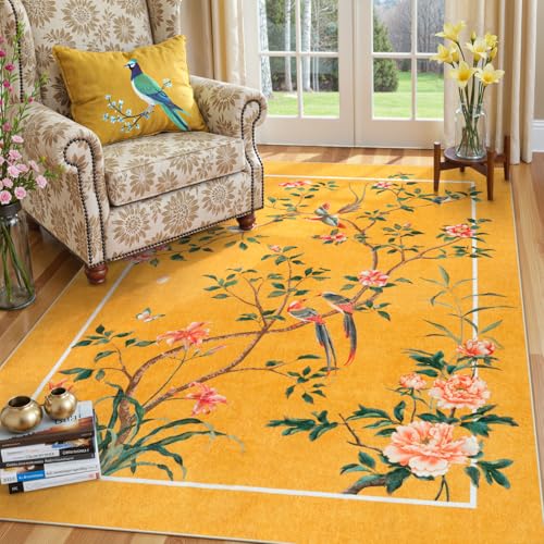Maschinenwaschbarer Teppich für Wohnzimmer, Blumenvögel, rutschfest, weich, niedriger Flor, traditionell, orientalisch, Vintage, botanische Natur-Teppiche für Schlafzimmer, Teppichläufer für Esszimmer Maschinenwaschbarer Teppich für Wohnzimmer, Blumenvögel, rutschfest, weich, niedriger Flor, traditionell, orientalisch, Vintage, botanische Natur-Teppiche für Schlafzimmer, Teppichläufer für Esszimmer von LIVEBOX