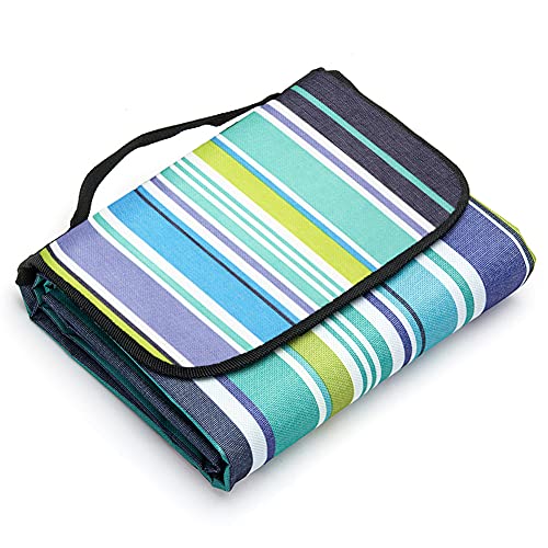 LIVEHITOP Picknick Decken 200x200 cm Wasserdicht, Tragbar Faltbar Groß Picknickdecke Strandmatte für Familie Camping Strand BBQ Outdoor Sommer, 79’’x79’’ (Blau Streifen) von LIVEHITOP