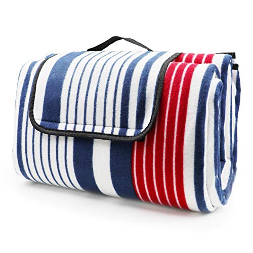 LIVEHITOP Picknickdecke Wasserdicht Große Verdickt - 200x200 cm Stranddecke Kompakt Vlies für Camping Draussen Sommer, Rot Blau Streifen von LIVEHITOP