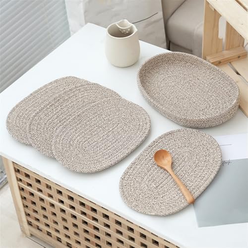 Liveinu 4 Stück Topfuntersetzer Set Untersetzer Baumwolle Faden Weben Matte Heißer Topf Halter Topflappen, Geflochtene Untersetzer Topf Heiß Pads Löffelablage zum Kochen in Küche, Grau, 20x30cm von LIVEINU