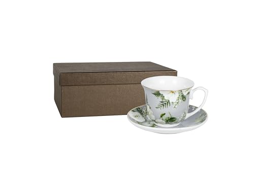 LIVELLO Set aus 2 Porzellantassen mit Untertassen 250 ml Elegante Kaffeetassen im Geschenkset Kaffebecher Kaffe-Tasse Porzellan Pott Tee Küche Restaurant Tassen Becher Perfekt Tee Blumen Weiß von LIVELLO