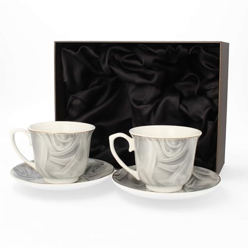 LIVELLO Set aus 2 Porzellantassen mit Untertassen 250 ml Elegante Kaffeetassen im Geschenkset Kaffebecher Kaffe-Tasse Porzellan Pott Tee Küche Restaurant Tassen Becher Perfekt Tee Grau von LIVELLO