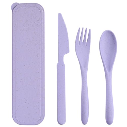 LIVELYPET Tragbares Besteckset mit Koffer, wiederverwendbares Plastikbesteck Messer Gabel Löffel Geschirr Set, Reisebesteck Set für Camping Picknick Büro Schule oder täglichen Gebrauch (Violett) von LIVELYPET