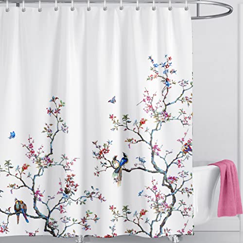 Livetty Duschvorhang Anti-Schimmel 180x180cm, Blumen Vogel mit 12 Duschvorhängeringen, Wasserdicht, Waschbar, 3D Digitaldruck Weiß Pflanze Shower Curtain von LIVETTY