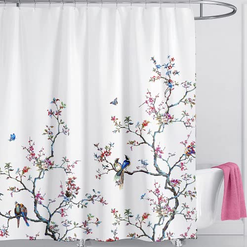 Livetty Duschvorhang Anti-Schimmel 180x200cm, Blumen Vogel mit 12 Duschvorhängeringen, Wasserdicht, Waschbar, 3D Digitaldruck Weiß Pflanze Shower Curtain von LIVETTY