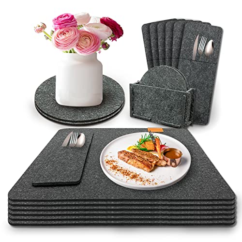 Tischset Platzset aus Filz rutschfest Abwaschbar Filzset Tisch-Matten Anthrazit 6 Set Eckige Platzdeckchen Teller-Untersetzer Besteckbeutel 2 Vasenmatte 1 Untersetzer Box Set of 21 von LIVETTY