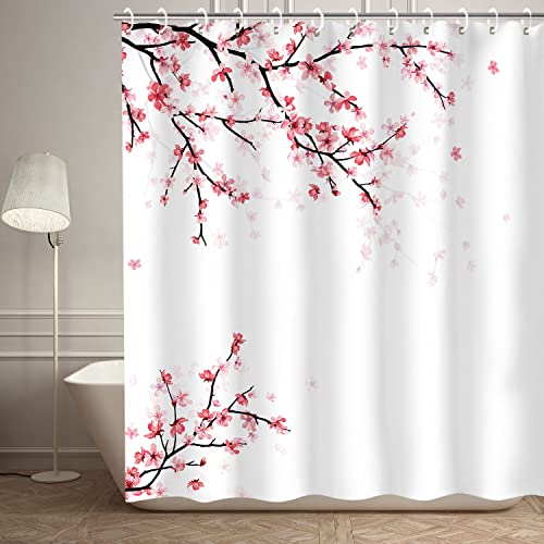 LIVILAN Duschvorhang mit Kirschblüten-Motiv, rosa Blumenmuster, Duschvorhang mit 12 Haken, Sakura-Stoff, dekorativer japanischer Duschvorhang, 183 x 183 cm von LIVILAN
