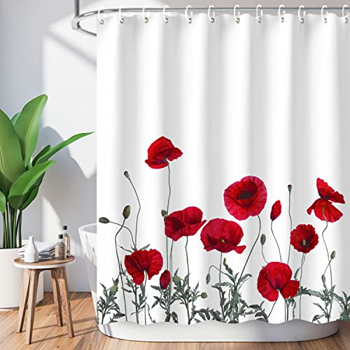LIVILAN Mohnblumen-Duschvorhang, rote Duschvorhänge für Badezimmer, Blumen-Duschvorhang, rote Blumen, Duschvorhang mit Haken, dekorativer heller Blumenstoff, rot, maschinenwaschbar, 183 cm Bx190 cm H von LIVILAN
