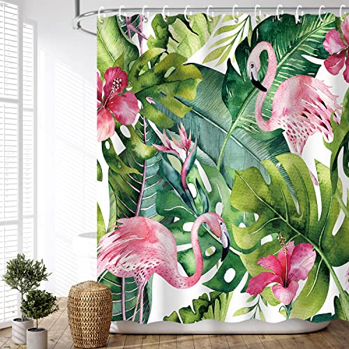 LIVILAN Fabric Shower Curtain Set with 12 Hooks Tropical Green Leaf and Flamingo Bath Curtain Modern Decorative Bathroom Accessories,Machine Washable, 70.8"x70.8" von LIVILAN