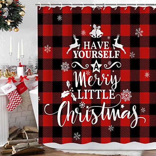 LIVILAN Weihnachts-Duschvorhang, Buffalo Plaid Duschvorhang, Merry Christmas Red Plaid Duschvorhang-Set mit 12 Haken, rot und schwarz, Weihnachtsfeiertag, 183 cm B x 183 cm H von LIVILAN