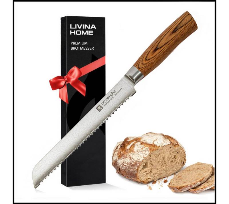 LIVINA HOME Brotmesser Profi Brotmesser mit scharfer 20 cm Klinge aus 67 Lagen Damaststahl, Damast Messer Japanischer Art, Geschenkbox, Sommer Angebot! von LIVINA HOME