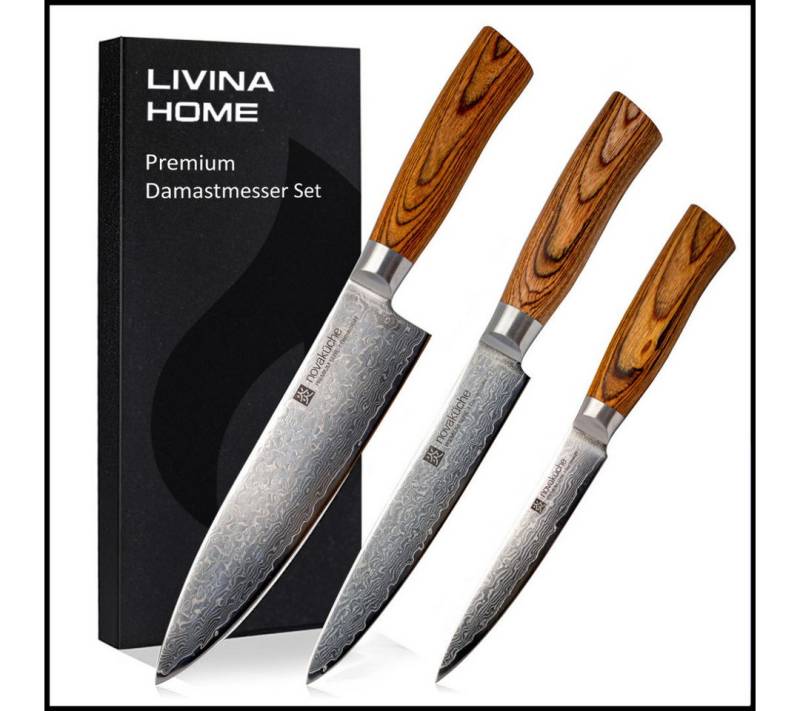 LIVINA HOME Messer-Set Kochmesser, 67-Damaststahl Messerset - 6-tlg. Küchenmesser Set (3-tlg., wahlweise als 3er, 5er oder 6er Set erhältlich), Damastmesser Japanischer Art, Geschenkbox, Sommer Angebot! von LIVINA HOME