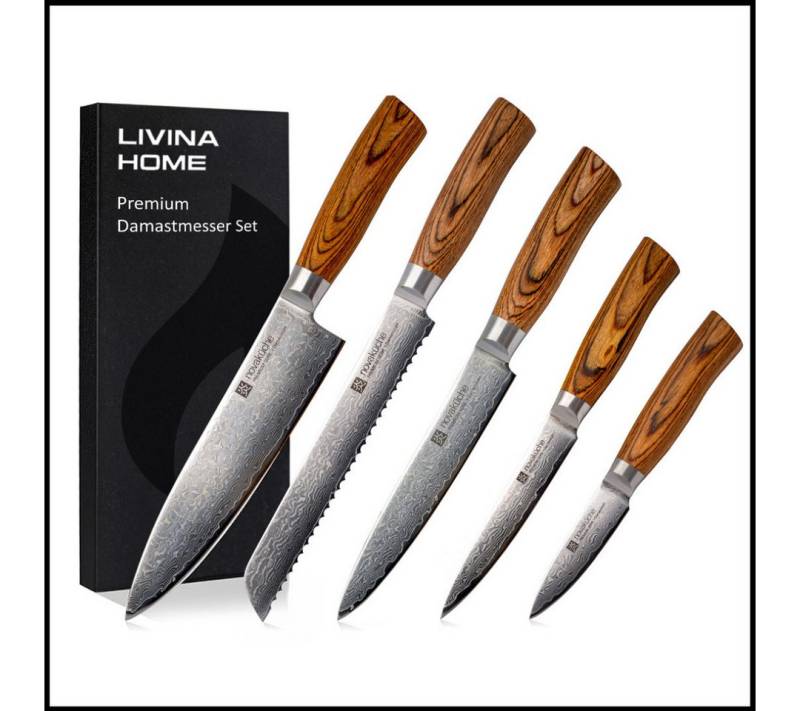 LIVINA HOME Messer-Set Set Kochmesser, 67-Damaststahl Messerset - 6-tlg. Küchenmesser Set (5-tlg., wahlweise als 5er oder 6er-Set erhältlich), Damastmesser Japanischer Art, Geschenkbox, Sommer Angebot! von LIVINA HOME