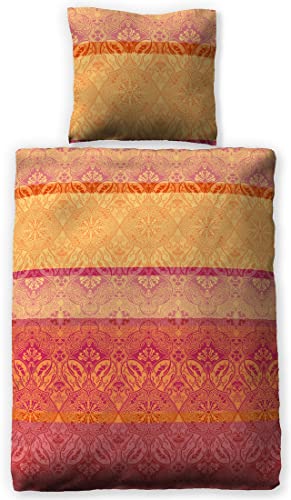 LIVING DREAMS Satin Bettwäsche Indi Nights Reine Baumwolle absolut hip Bordüren harmonische Farben 155 cm x 220 cm orange-rot von LIVING DREAMS