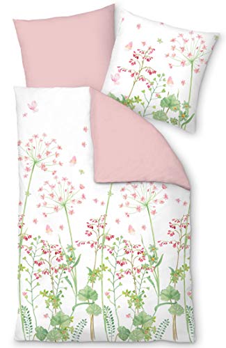 LIVING DREAMS Satin Wende-Bettwäsche BLUMENWIESE rosa weiß zarte Blüten Sommernachtstraum 155 cm x 220 cm von LIVING DREAMS