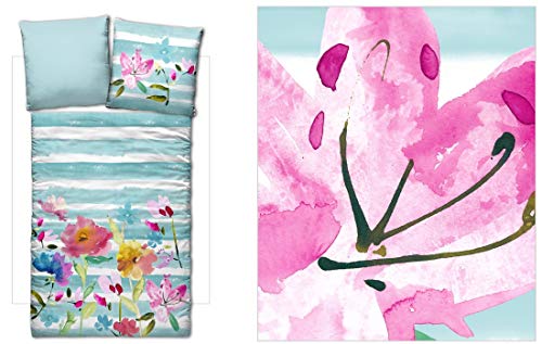 LIVING DREAMS Satin Wende-Bettwäsche Flower AQUARELL blau weiß bunt Streifen Blumen Blüten 135 cm x 200 cm von LIVING DREAMS