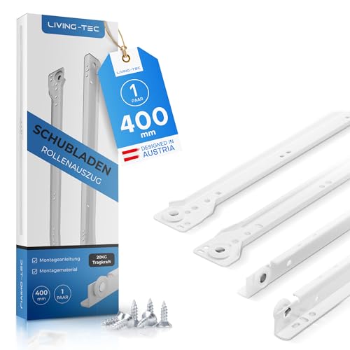 LIVING TEC® Schubladenschienen 400mm - 1 PAAR Rollenauszug Weiß Teilauszug - Leichtgängiger Schubladenauszug - Schubladenauszüge in vielen Größen - Auszugsschienen Stahl 1mm stark - Auszug bis 20kg von LIVING-TEC