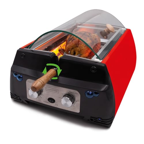 Livington Rotisserie Chef - Rot - Indoorgrill, Drehgrill und Tischgrill - Drehspieß für Hähnchen - Elektrogrill - Maximales Fassungsvermögen - Automatische Abschaltfunktion - Duo-Infrarot Heizelemente von LIVINGTON