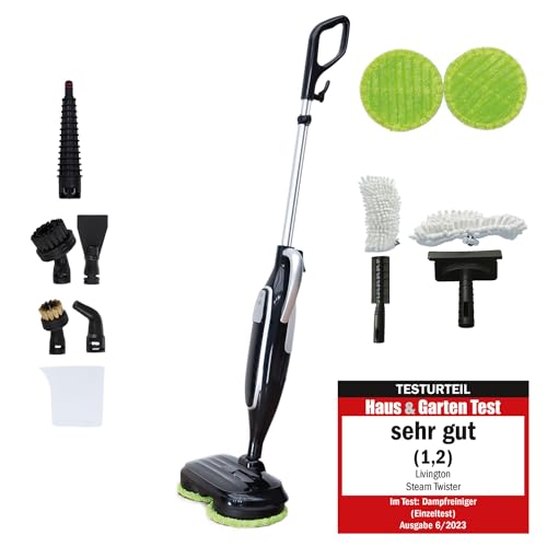 Livington Steam Twister schwarz - Mega Spar Set - rotierender Dampfreiniger inkl. Reinigungsaufsätze & Ersatzpads - Dampfbesen & Handdampfreiniger - elektrischer Bodenwischer - Mop von LIVINGTON