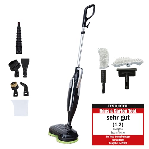 Livington Steam Twister schwarz - Spar Set - rotierender Dampfreiniger inkl. Reinigungsaufsätze - Dampfbesen & Handdampfreiniger - Entfernt 99,9% der Bakterien - elektrischer Bodenwischer - Mop von LIVINGTON