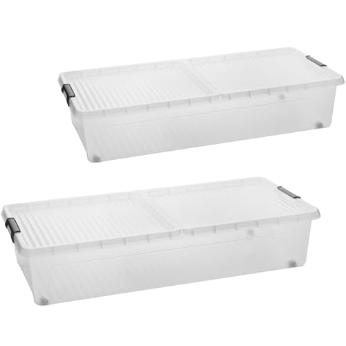 LIVINJA Unterbettbox mit Rollen, 2er Set Unterbett Aufbewahrungsbox, 78 x 38 x 16 cm (32 Liter) - Geteilter Deckel, Clip-Verschlüsse, Transparent, Hergestellt in der EU von LIVINJA