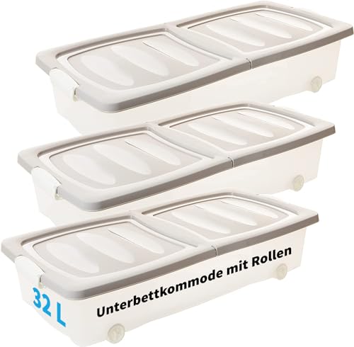 LIVINJA Unterbettkommode mit Rollen, Unterbettbox 3 Stück, Unterbett Aufbewahrungsbox 80 x 40 x 17 cm (32 Liter), Deckel geteilt, mit Clip-Verschlüssen, transparent/Sand, Made in EU von LIVINJA