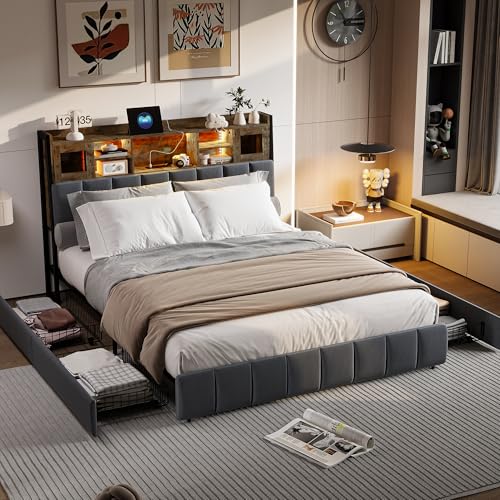 Bett 160 x 200 cm mit LED- und USB-Rahmen, gepolstertes Doppelbett mit Lattenrost und 4 Schubladen, Kopfteil mit Aufbewahrung, für Erwachsene und Jugendliche, Leinen (160 x 200 cm) von LIVLUX