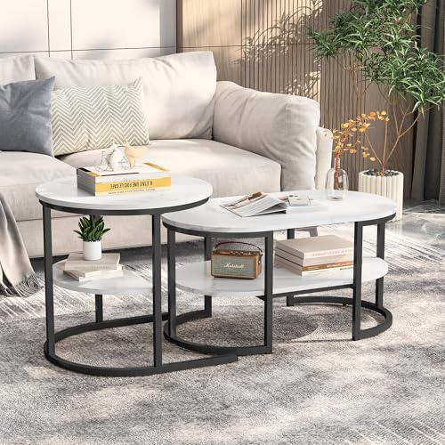 LIVLUX Couchtisch 2er Set, Moderne Nesting Kaffeetisch mit Metallrahmen und Marmor Furnier, Geeignet für Wohnzimmer, Balkon, Büro. (Schwarz A) von LIVLUX