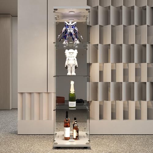 LIVLUX Glasvitrine stehend in Hartglas, Staubdichte Vitrine Schrank, Sammlerschrank mit Türen und Schloss Bar für Wohnzimmer, Schlafzimmer, Büro (4-lagig + LED + 125x42,5x32,5cm, weiß) von LIVLUX