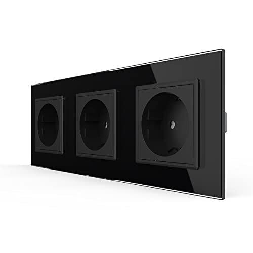 LIVOLO Schwarz 3 Fach Schuko Steckdose Schutzkontakt mit Kindersicherung Panel aus Kristallglas EU Standard Wandsteckdose,VL-C7C3EU-12-A von LIVOLO