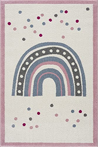 LIVONE Kinderteppich Regenbogen Streifen Punkte Creme rosa blau Silber grau Größe 120x170 cm von LIVONE