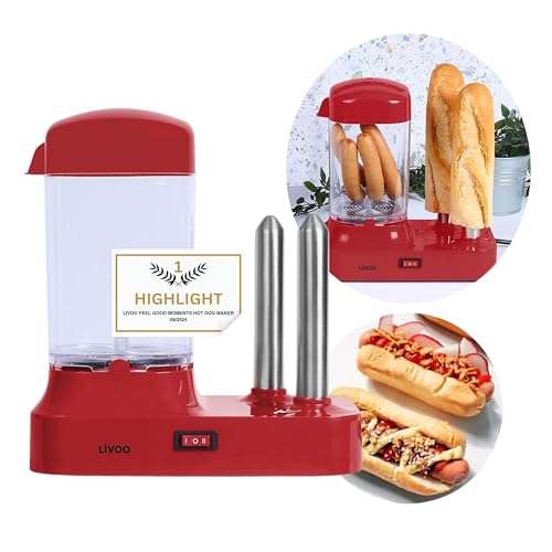 Hot Dog Maker für 6 Würstchen - Hot-Dog Maschine mit abnehmbaren Wärmebehälter - Würstchenwärmer mit Edelstahlspieße zur Brötchen Erwärmung – 340 Watt von Livoo feel good moments