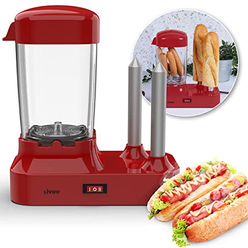 Hot Dog Maker mit 2 Brötchenwärmer - Hot-Dog Maschine für 6 Würstchen - Abnehmbarer Wärmebehälter - Würstchenwärmer Elektrisch mit Edelstahlspieße zur Brötchen Erwärmung von Livoo feel good moments