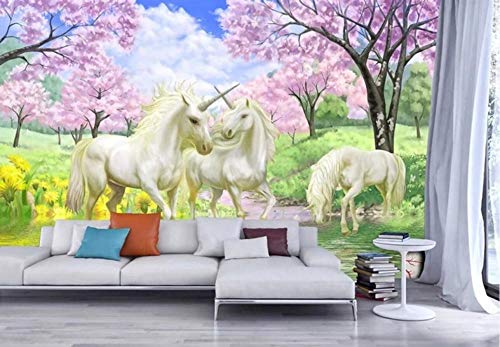 Fototapete 3D Tapete Kinderzimmer Deko Fantasie Kirschbaum Wald Einhorn Tapeten Vliestapete Wandbilder Wohnzimmer Schlafzimmer Wanddeko 350cmx256cm von LIWALLPAPER