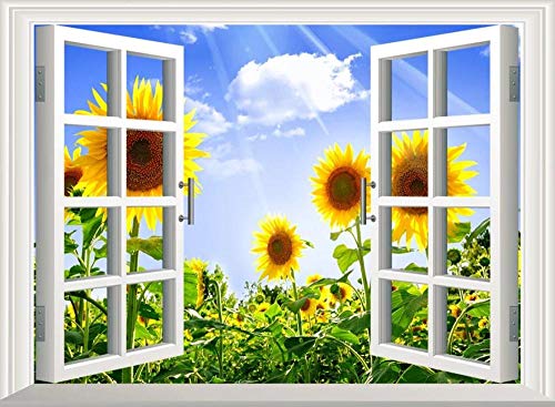 Fototapete 3D Tapete Kinderzimmer Deko Fenster Sonnenblume Tapeten Vliestapete Wandbilder Wohnzimmer Schlafzimmer Wanddeko 150cmX105cm von LIWALLPAPER