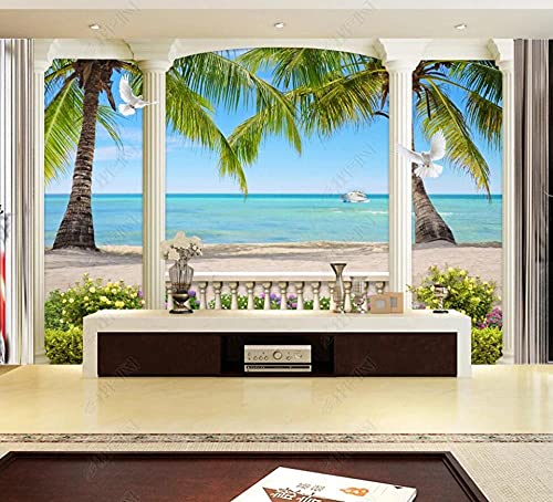 Fototapete 3D Tapete Kinderzimmer Deko Zylindrischer Strand Mit Kokospalmen Und Meerblick Tapeten Vliestapete Wandbilder Wohnzimmer Schlafzimmer Wanddeko 150x105cm von LIWALLPAPER