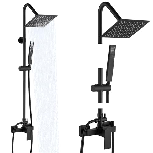 LIWEIKE Duscharmatur Komplettset Schwarz, Duscharmatur Schwarz Komplettset mit Handbrause Schwarz Matt mit Duschsystem mit Regenduschkopf und Quadratischem 8-Zoll-Duschkopf von LIWEIKE