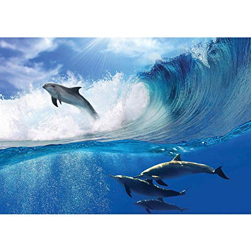 Vlies Fototapete 300x210 cm PREMIUM PLUS Wand Foto Tapete Wand Bild Vliestapete - Meer Tapete Delfin Meer Welle Tropfen Sonne Wasser blau - no. 531 von LIWWING