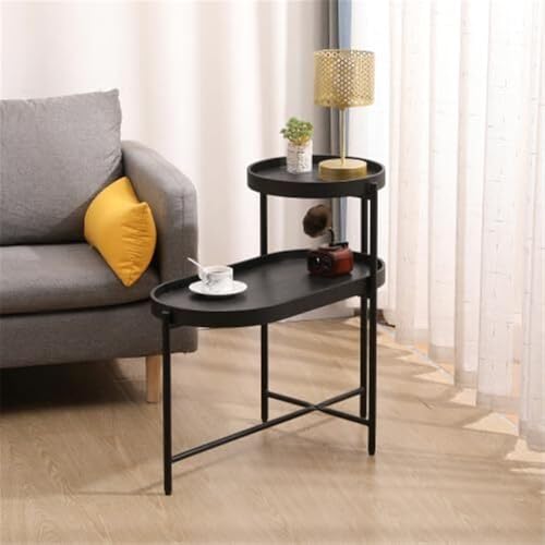 LIXIONGQUANLAL Side Table, 2-stufiger schwarzer Beistelltisch mit Stauraum, runder Beistelltisch fürs Wohnzimmer, Metallrahmen und Holzschreibtisch,Nightstand von LIXIONGQUANLAL