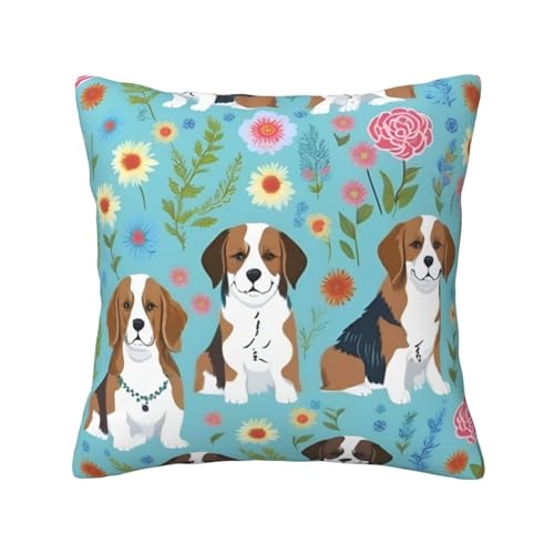 Quadratische Kissenbezüge mit süßem Basset Hound Blumendruck, hautfreundlich, atmungsaktiv, vielseitig einsetzbar Quadratische Kissenbezüge mit süßem Basset Hound Blumendruck, hautfreundlich, atmungsaktiv, vielseitig einsetzbar von LIXLZH